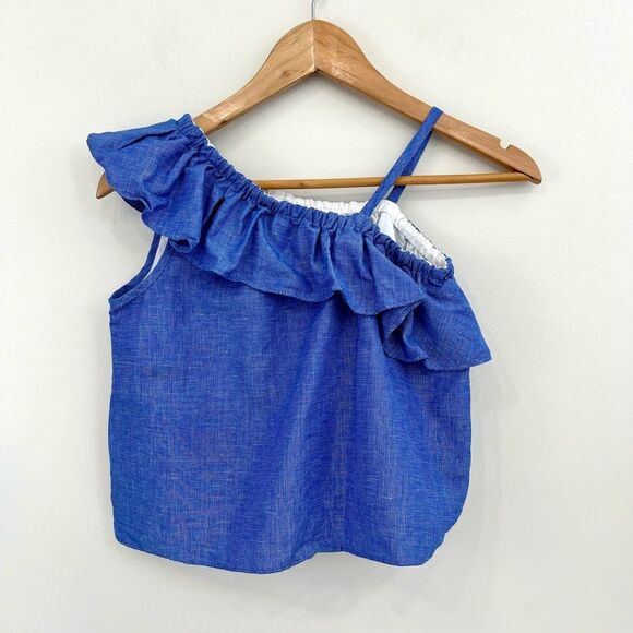 MILLY MINIS Ruffle-Trim Chambray Top, Blue One Shoulder Size 10 - Picture 3 of 8
